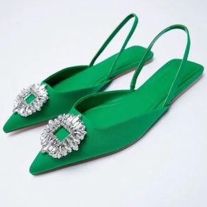 Zara Jeweled Flats green satin EU 36 US 6.5